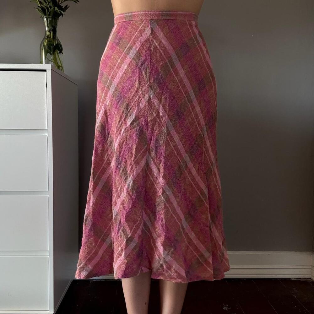Pink plaid high rise midi skirt